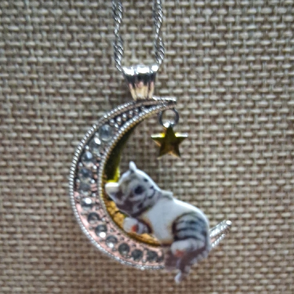 Elegant Silver and Gold Cat Moon Necklace